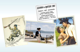 (LtoR): Chuck Hawley’s painting of a Ranger; a 1950s visitor to Fort Ticonderoga; a Lake George Mirror ad for Tom’s Ski School; a still photo promoting the 1953 film, “Fort Ti.”