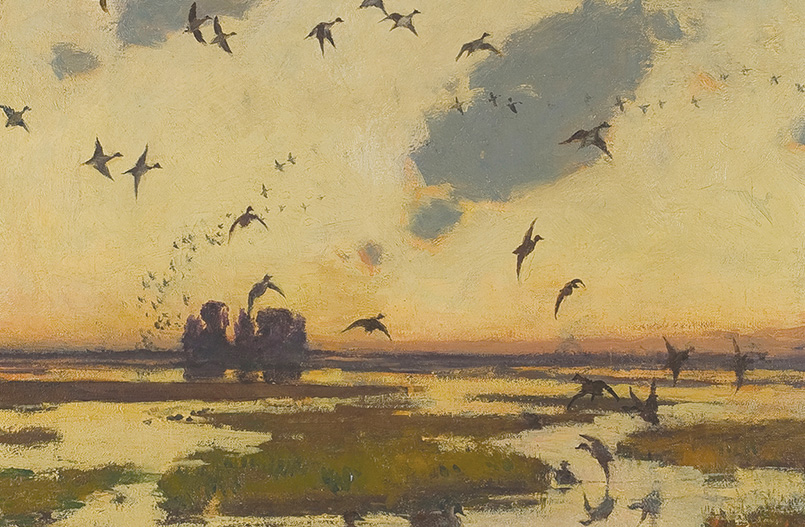Frank W. Benson, “The Duck Marsh.” Museum of American Bird Art, Mass Audubon Collection. “There are hidden pools in these uninvited acres which only sunset reveals,” Henry Beston wrote of the Nauset Marsh in ‘The Outermost House.’ “The wild ducks know them well and take refuge in them when stalked by gunners.”