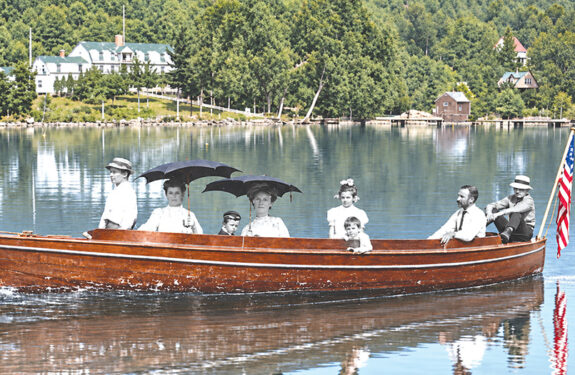 An illustration based on a photo in the Bolton Museum reproduced on social media by Hague summer resident Richard Berger. According to Berger, the original photo, probably taken by professional photographer Flora Sexton, shows Uncas hotel owner Smith Sexton and his family in the Mohawk, a launch built by Wildman Hall Sexton, in front of Uncas.